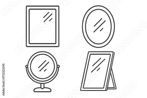 Mirror line icon set with various types like wall, floor, and vanity stand. Home furniture and interior decor element. Reflection symbol for beauty and makeup. Simple outline vector.