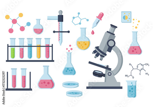 Flat lay showcases science apparatus microscope beakers test tubes molecular models and petri dishes