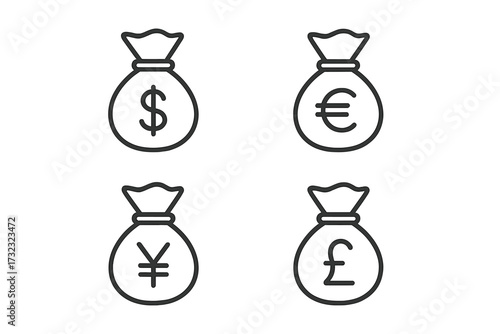 Money bag outline icon set with major currency symbols Dollar, Euro, Yen, Pound, editable stroke vector collection for finance, banking, payment infographics, business illustration
