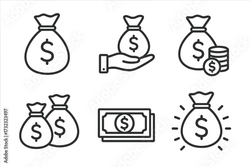 Money bag icon collection, editable stroke line art, cash bags and dollar symbols set for infographics, financial articles, business flyers, banners, vector cartoon illustration