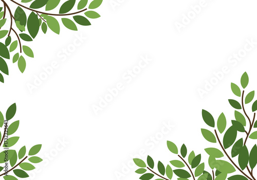 Green leaves and brown branches frame a white space forming a decorative border