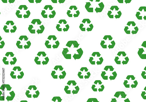 Green recycle icons of varied sizes randomly placed on a white background