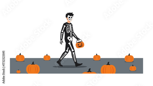Halloween reveler in costume: A young person, dressed as a skeleton, strolls through a field of pumpkins, carrying a treat bucket, embodying the playful spirit of Halloween.
