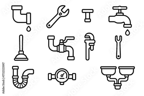Plumbing outline icon collection with editable stroke, cartoon vector illustration of plumbing pipes, faucet, wrench, plunger, gauge, tools for infographics, articles, books, banners