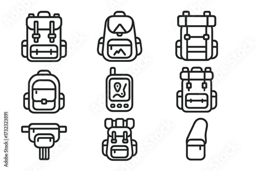 Collection of Vector Schoolbags and Hiking Backpacks for Tracking and Outdoor Adventures, Editable Stroke Icons Ideal for Infographics, Articles, Flyers, and Banners