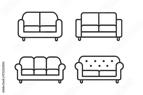 Sofa concept line icons set. Collection of modern flat style sofa vector signs. Couch furniture designs for websites, online stores, catalogs, flyers, and interiors. Premium quality icons.