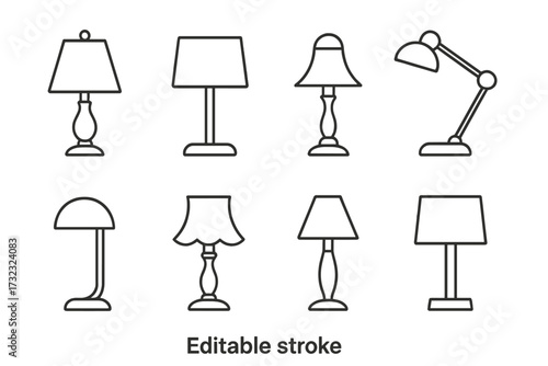 Table lamp icons collection thin line style, editable stroke vector set for web, books, cards, apps, transparent background, stylish cartoon illustration design, ordered set 4
