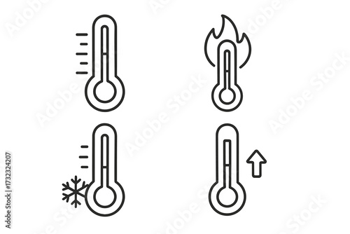 Thermometer line icons set with editable stroke, isolated simple vector illustration for weather, temperature, thermometer, heat, cold, fire, ice, climate, forecast, app, web, book, card design