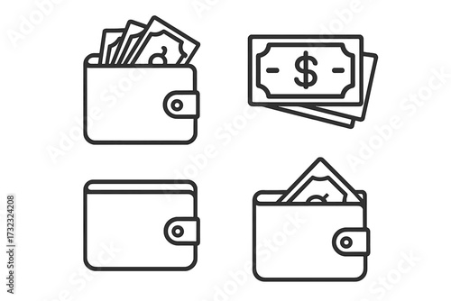 Wallet and Money Line Icon Set, Editable Stroke, Financial Icons Collection for Infographics, Articles, Books, Flyers, Banners, Vector Cartoon Illustration with Transparent Background