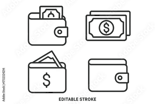 Wallet and Money Line Icon Collection, Editable Stroke, Vector Cartoon Illustration with Transparent Background, Cash and Finance Symbols for Infographics, Articles, Books, Flyers, and Banners