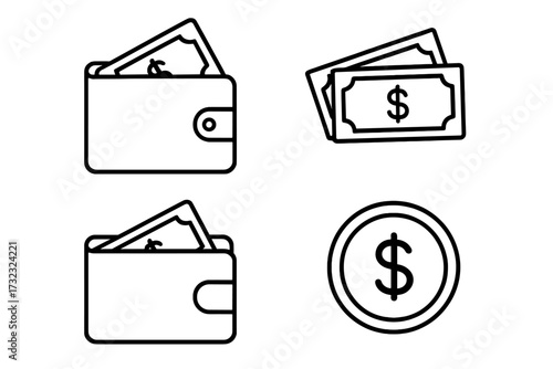 Wallet and Money Outline Icon Collection, Editable Stroke Vector Cartoon Illustration, Cash and Coin Symbols for Finance, Banking, Infographics, Articles, Banners, Flyers Designs