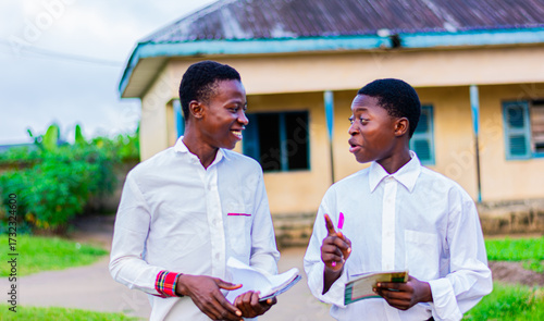 Young, excited African high school boys wearing uniforms, standing and reading