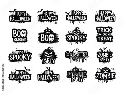 Halloween Emblems Collection: A collection of Halloween emblems, each design intricately crafted in striking monochrome. This compilation includes a range of spooky symbols.