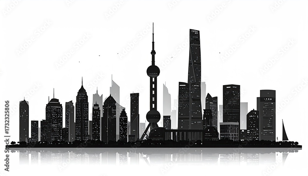 Obraz premium Shanghai Silhouette. Cityscape with buildings. Urban vector graphic, for background