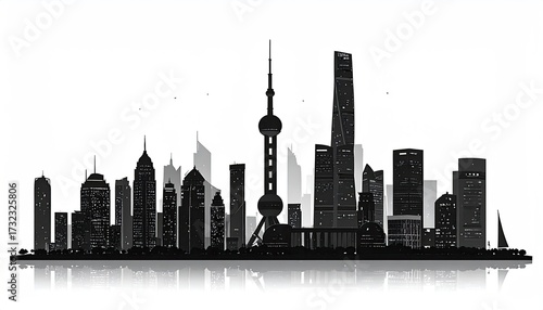 Shanghai Silhouette. Cityscape with buildings. Urban vector graphic, for background