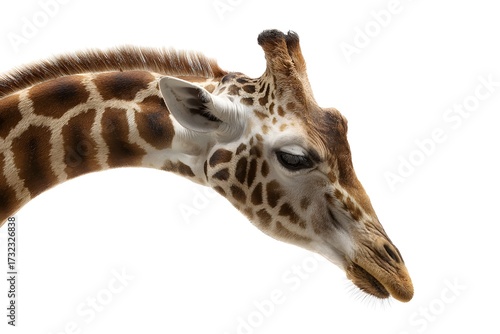 A giraffe animal isolated leans its head down.