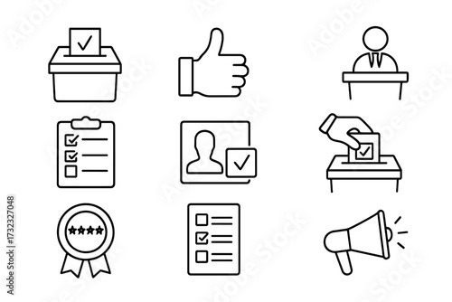Election icons set. Vote, ballot box, polling, and politics symbols. Simple line art for democracy, campaign, referendum, candidate speech, and winner award. Vector collection.
