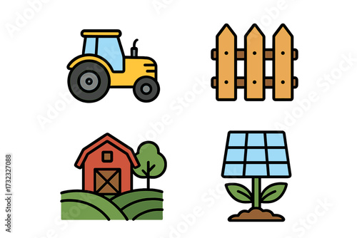Agriculture and farming line icon set. Tractor, barn, fence, solar panel plant icons. Concept for sustainable agriculture, smart farming, renewable energy. Vector cartoon.