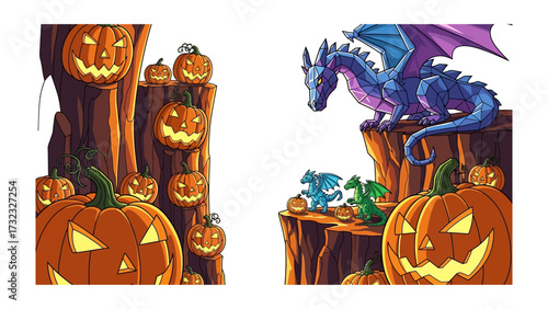 Dragon and Halloween Pumpkin Carvings: Fantasy artwork of carved pumpkin and dragon. A vibrantly designed scene showcasing an intricately carved pumpkin amidst a fantasy setting.