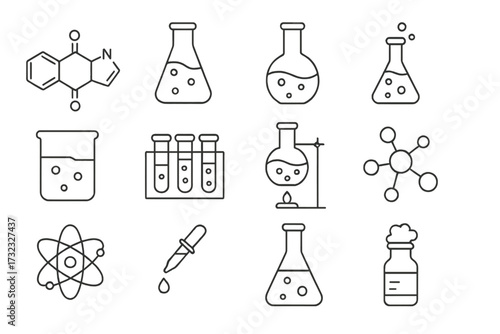 Chemistry science lab line icon set. Vector collection of laboratory equipment symbols for experiment and research. Editable stroke. Molecule, atom, flask, test tube icons.
