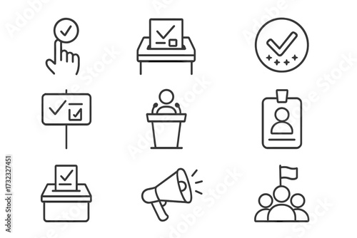 Election icon set thin line style. Politics and voting concept. Vector symbols for vote, ballot box, referendum, campaign, debate speaker. Political poll, democracy choice for web.