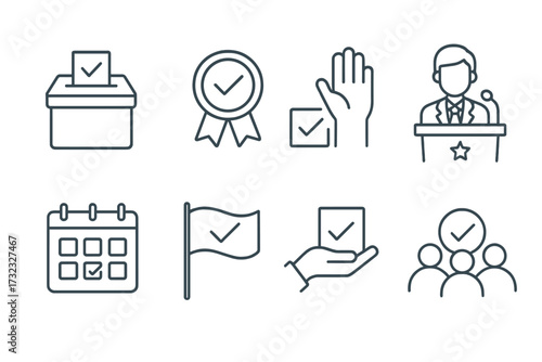 Election and voting icon set. Vector thin line symbols for politics, democracy, and campaigns. Includes ballot box, voter, candidate, and poll icons for web and infographics.