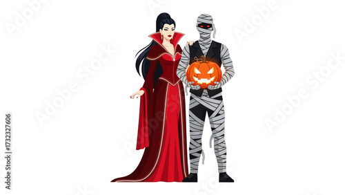 Halloween Duo: A striking illustration capturing a bewitching vampire and a menacing mummy, together holding a carved pumpkin in a captivating display, embodies the spirit of Halloween. 