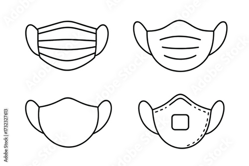 Medical mask line icon set. Face protection equipment, surgical mask, respirator. Health safety symbol. Virus, flu, dust, air pollution protection. Hygiene concept vector.