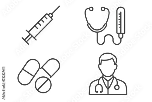 Medical and healthcare thin line icon set. Syringe for injection or vaccine, stethoscope for diagnosis, doctor, pills and medicine. Outline vector symbols for web and app.
