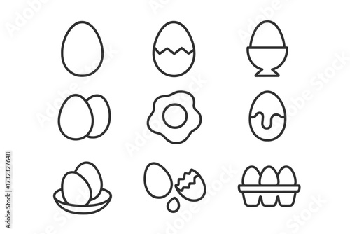 Egg icon set thin line collection. Fried, boiled, cracked eggs. Food, breakfast, cooking concept. Vector outline pictogram for web, app. Simple linear graphic illustration.