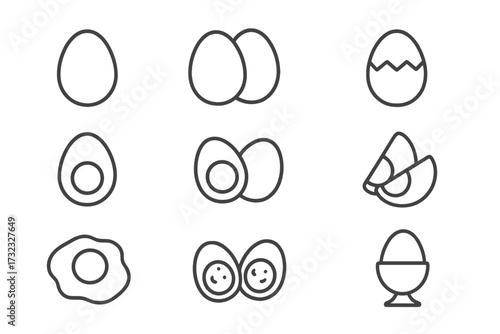 Egg icon set thin line art collection. Vector outline symbols for breakfast food, cooking. Fried, boiled, cracked, and whole eggs for web, app, and infographic design.