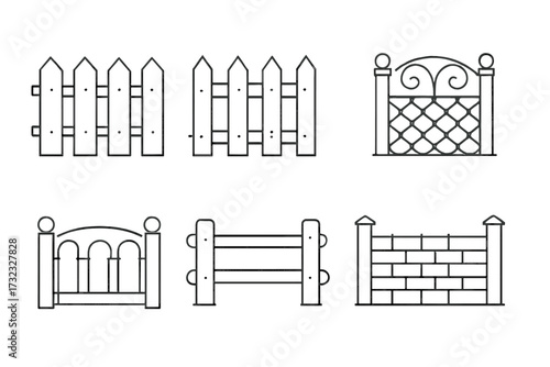 Fence line icon set. Collection of various fences pictogram. Picket, wooden, metal, brick wall. Outline vector symbol for web, app, infographic. Boundary, barrier, enclosure.