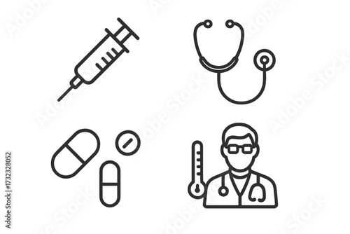 Medical icon set. Healthcare outline symbols collection. Syringe for vaccination, stethoscope, pills, medication, thermometer and doctor. Thin line vector signs for web, apps.
