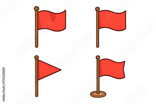 Red flag vector icon set. Symbol of warning, danger, problem, and alert. Waving pennant on a pole for location marker, map pin, or goal. Cartoon illustration collection.