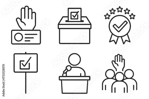 Election and voting vector icon set. Thin line symbols for politics, democracy, campaign, debate. Outline illustration of ballot box, poll, vote, speaker, government, winner.