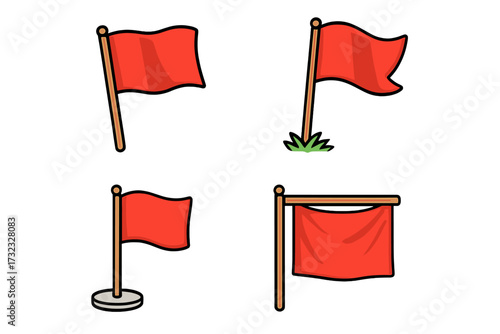 Red flag icon set. Collection of cartoon vector symbols for danger, warning, or problem alert. Metaphor for issues in relationships or business projects. Waving pennant.