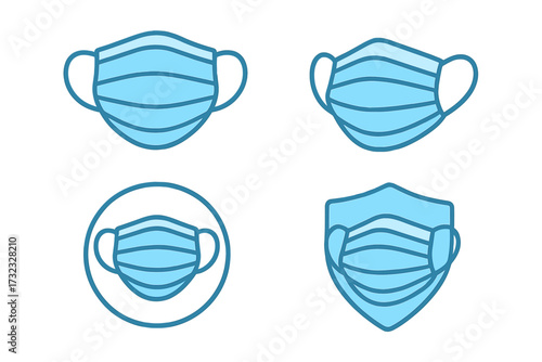 Medical face mask icon collection. Vector symbols for health safety and virus protection. Outline graphic for pandemic, flu, covid, dust, allergy. Surgical hygiene care signs.