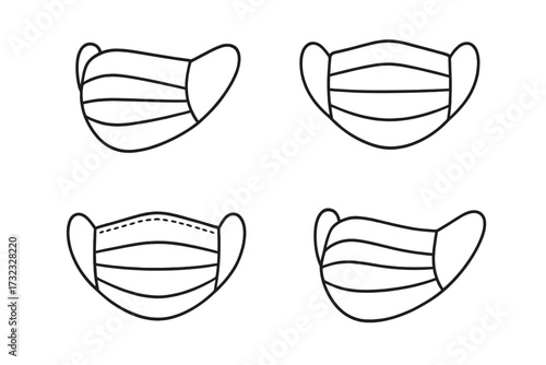 Medical face mask icon set. Outline symbol collection of surgical masks for respiratory protection. Health care, disease prevention, virus, pandemic, Covid-19 safety concept.