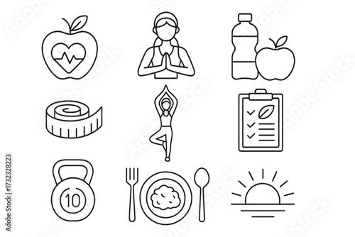 Health and wellness line icon set. Symbols of fitness, yoga, diet, weight loss, mental health. Vector icons for healthy lifestyle, nutrition, exercise, and meditation concepts.