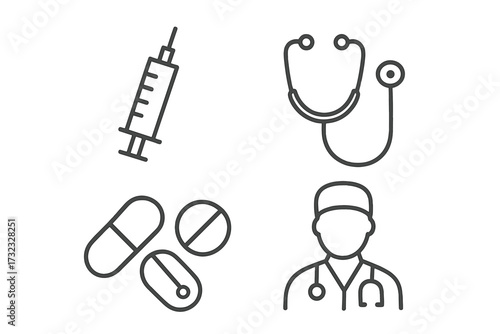 Medical icon set. Healthcare line art symbols. Doctor, syringe, stethoscope, pills icons. Medicine and pharmacy concept. Clinic, hospital, treatment, diagnosis vector signs.