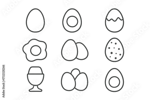 Egg icon set. Food, breakfast, cooking concept. Outline symbols of boiled, fried, cracked eggs. Simple thin line art for web, app, menu design. Vector pictogram illustration.