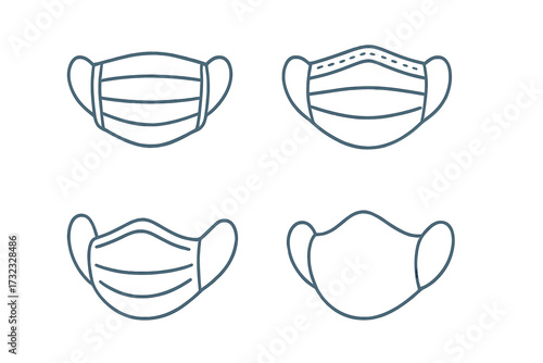 Medical face mask icon set. Thin line art collection. Health protection, flu, virus, covid safety sign. Surgical respiratory defense symbol for web, app. Vector design.