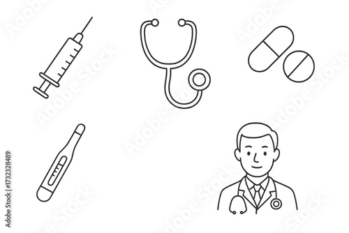 Medical and healthcare thin line icon set. Vector collection with doctor, syringe, stethoscope, pills, and thermometer symbols for web, apps, and infographics design.