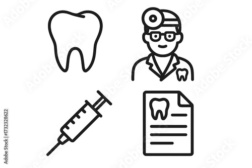 Dental care outline icon set. Stomatology vector symbols. Icons of dentist, tooth, syringe for anesthesia and medical prescription. Oral health and orthodontics concept.