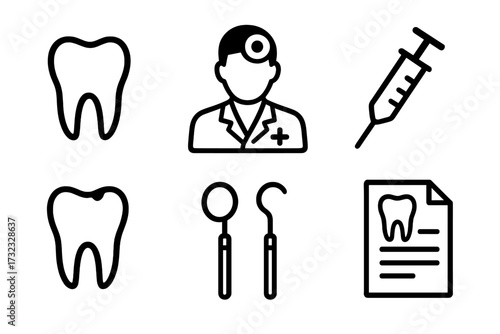 Simple line icon set for dentistry. Vector icons of teeth, doctor, syringe, prescription, and dental tools. Concept for stomatology, oral hygiene, health care, and medicine.
