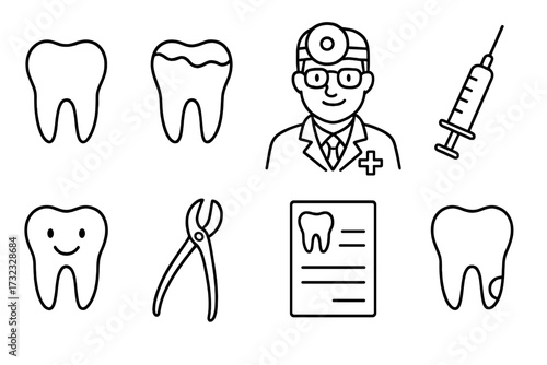 Dentistry icon set. Dental care line symbols. Tooth, dentist, doctor, caries, extraction forceps, syringe, prescription icons. Stomatology and oral hygiene vector signs.