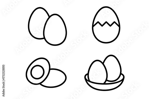 Eggs outline icon set for cooking. Simple food line art collection. Includes cracked, boiled, whole eggs in a bowl. Farm fresh protein for breakfast. Vector illustration with editable stroke.