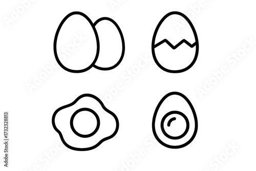 Egg icon set vector line art collection. Includes whole, cracked, fried, and boiled eggs. Simple outline illustration for cooking, food, and breakfast concepts. Editable stroke.