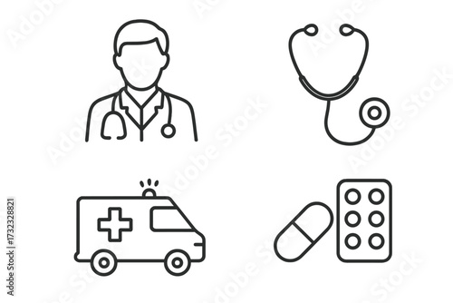 Medical and healthcare icon set. Thin line art symbols. Doctor, stethoscope, ambulance, and medicine pills. Emergency, hospital, pharmacy concepts for web and print vector.
