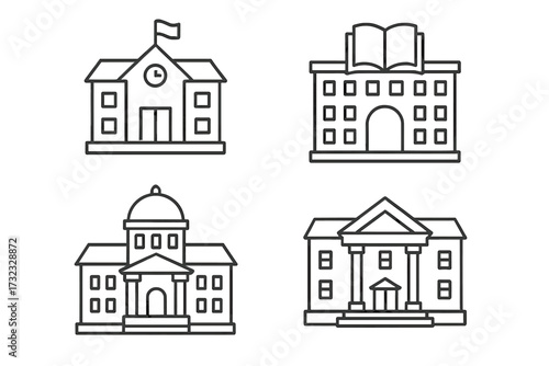 School, university, and government building line icon set. Public institution vectors including courthouse, library, and bank. Editable stroke outline pictogram collection.